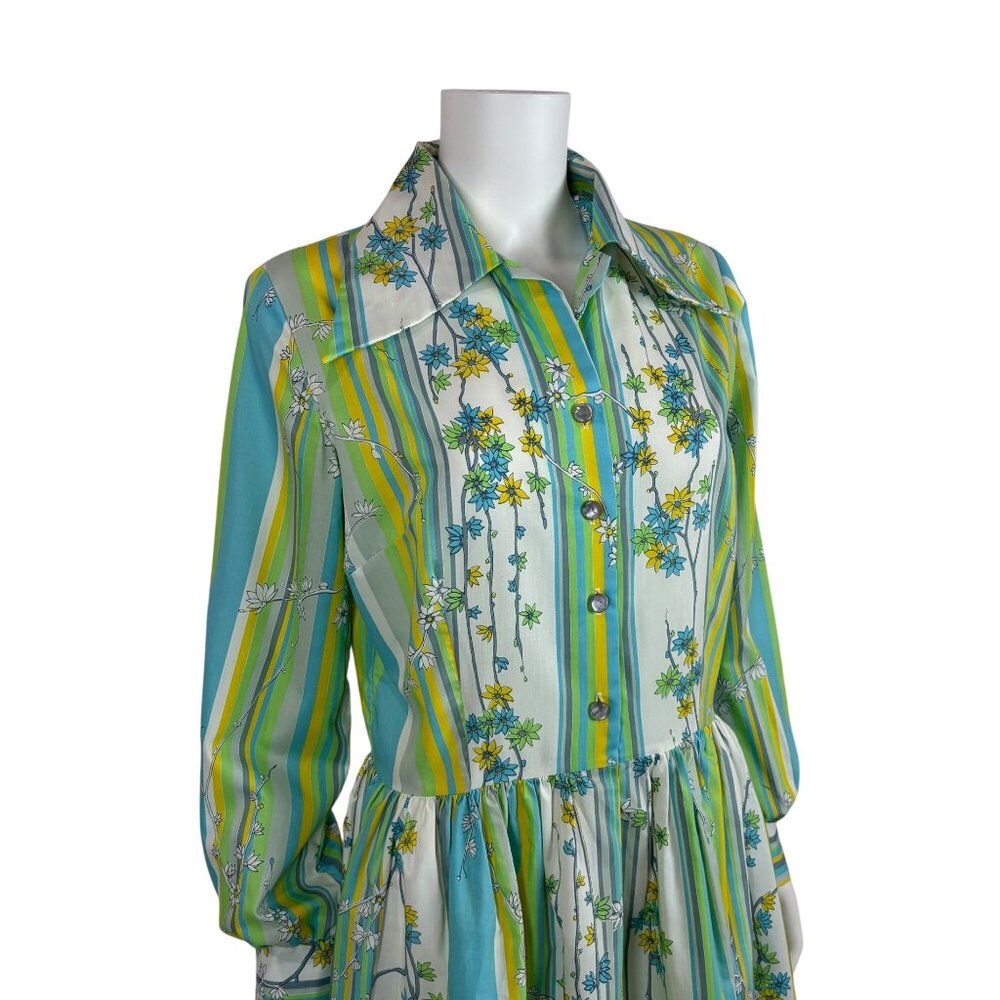 Vintage 60s Striped Dress Womens Large Blue Green Colorful Spring Shirtdress - Picture 4 of 13